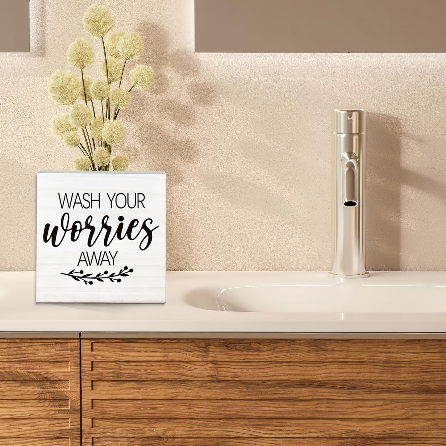 Wash Your Worries Away Wooden Sign - Funny White Block Plaque Desk Decoration-5x5 inches Inspirational Wood Block Gifts For Friends Family-Laundry Room Restroom Bathroom Tabletop Favors & Supplies-A01