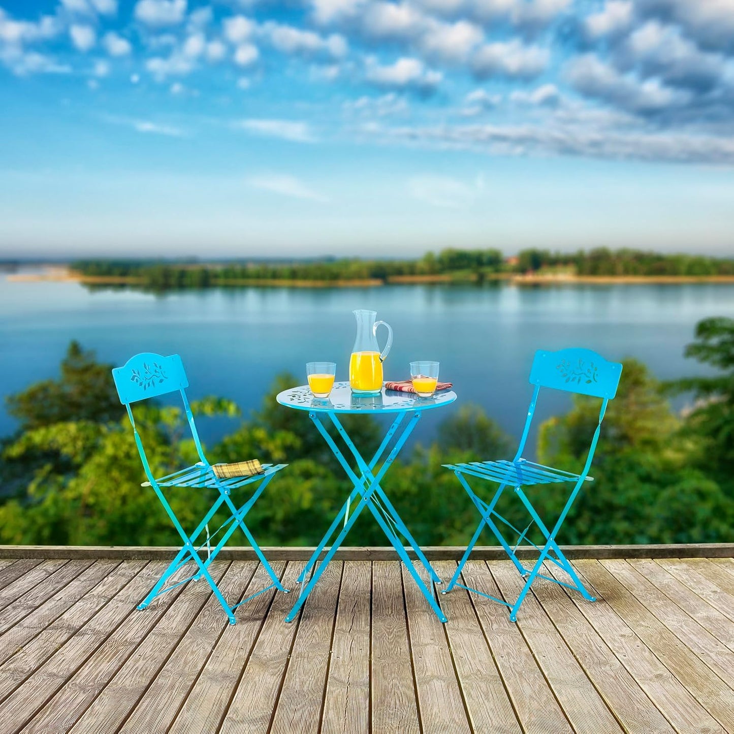 Alpine Corporation MSY100A-BL 3-Piece Indoor/Outdoor Bistro Set with Folding Table and Chairs, Durable Steel Patio Furniture, Vibrant Blue