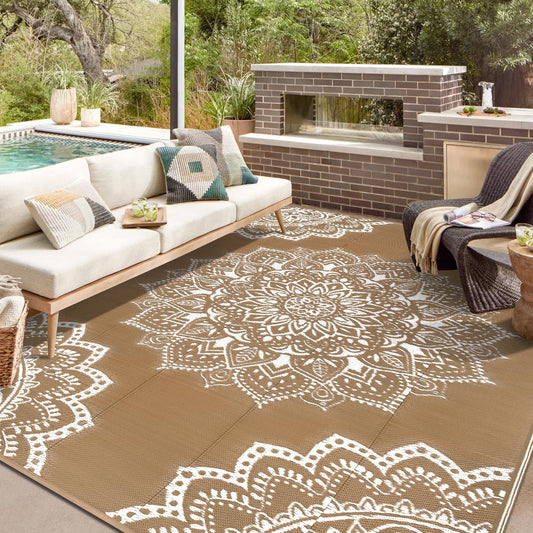 Yamaziot Waterproof Outdoor Rug 8x10 ft, Reversible Plastic Straw Rug for Patio Clearance, Camping, RV Mat, Large Outside Rug Carpet for Porch, Deck, Backyard, Balcony, Picnic (Brown)