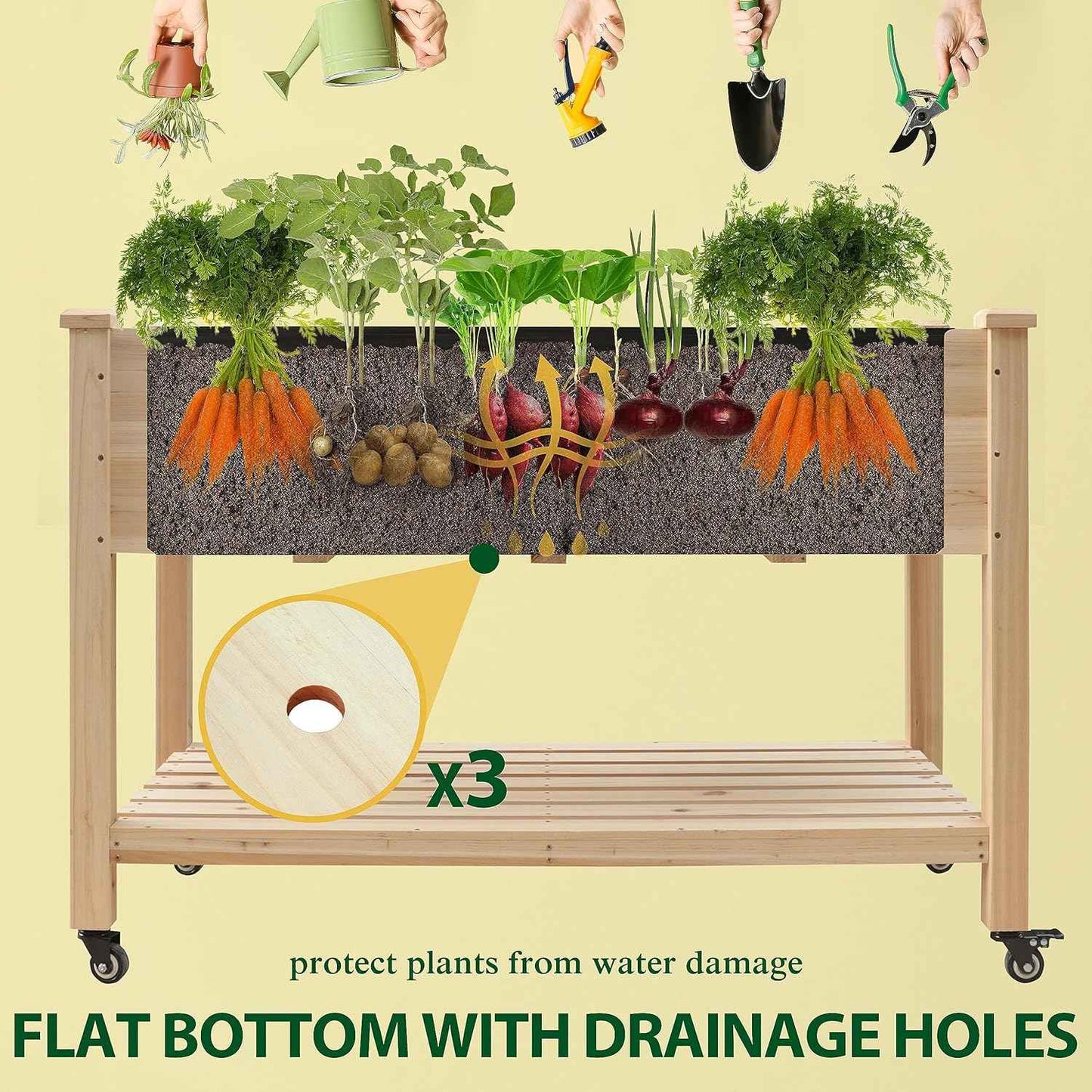 MUPATER Raised Garden Bed, Planter Box with Four Wheels and Legs for Herbs and Vegetables, Elevated Garden Bed with Drainage Holes for Outdoor Indoor