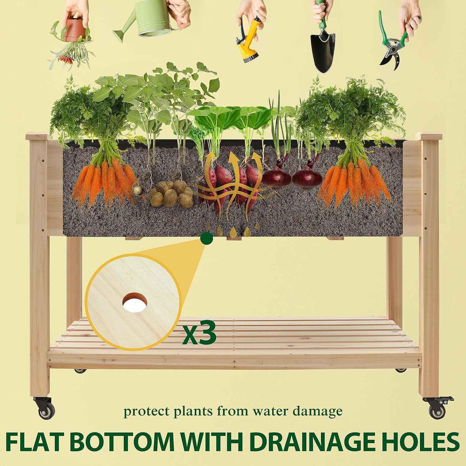 MUPATER Raised Garden Bed, Planter Box with Four Wheels and Legs for Herbs and Vegetables, Elevated Garden Bed with Drainage Holes for Outdoor Indoor