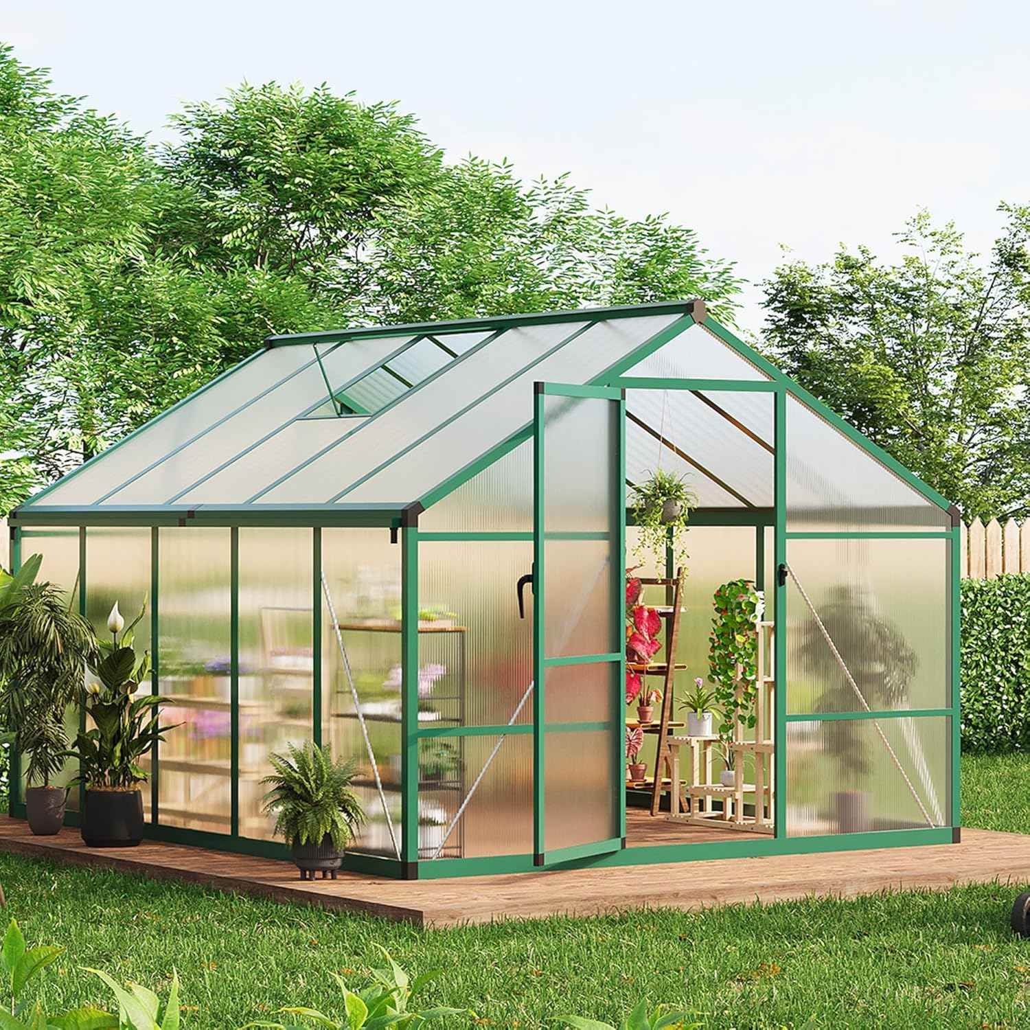 8x10 FT Greenhouse, Greenhouses for Outside, Polycarbonate Greenhouse with Aluminum Frame, Lockable Door and Ajustable Roof Vent for Backyard, Green Houses for Outside Garden Backyard, Patio