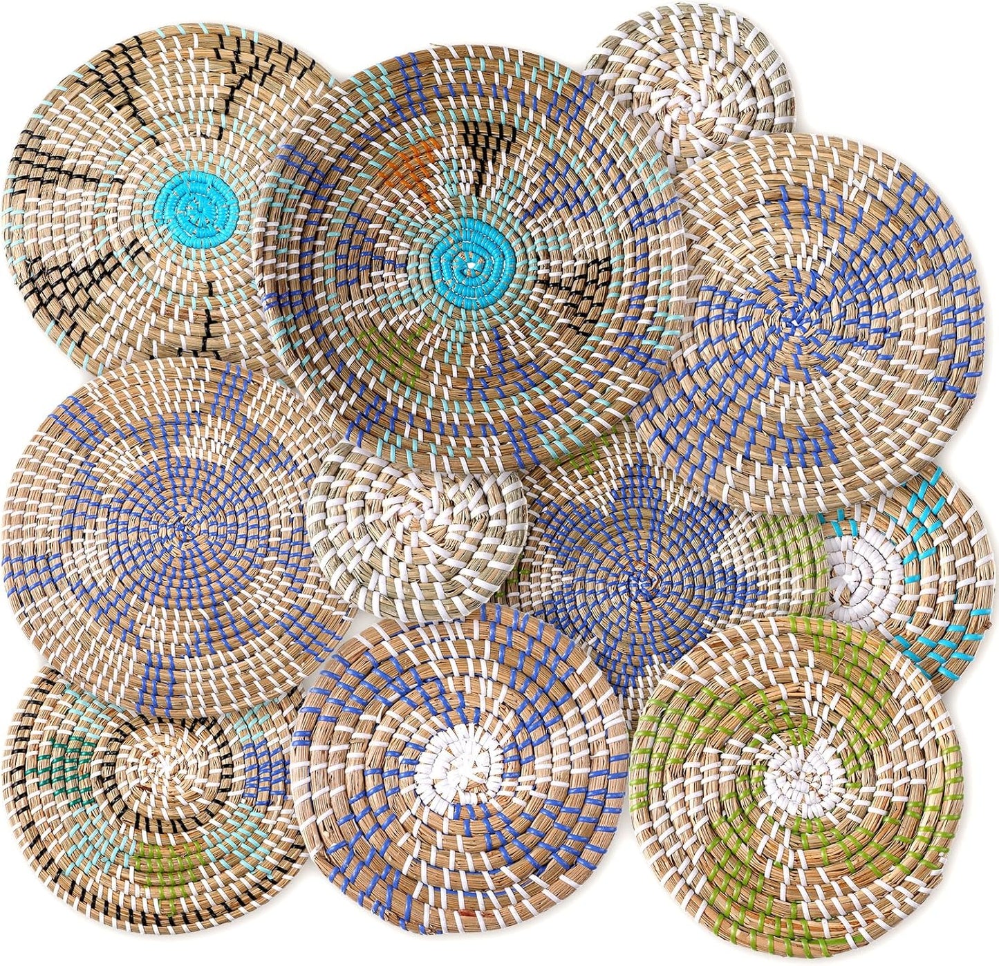 Tatuo 11 Pcs Boho Wall Basket Decor Decorative Bulrush Woven Basket Wall Decor Art Round Farmhouse Hanging Baskets for Kitchen Rustic Home Summer Decorations, Multi Sizes(Multicolour)