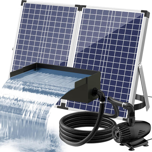 POPOSOAP 70W Solar Water Pump with Pond Waterfall Kit, 304 Stainless Steel Pond Waterfall Spillway, Pond Spillway with 9.8FT Corrugated Tubing for Garden Waterfall,Water Features-P5703