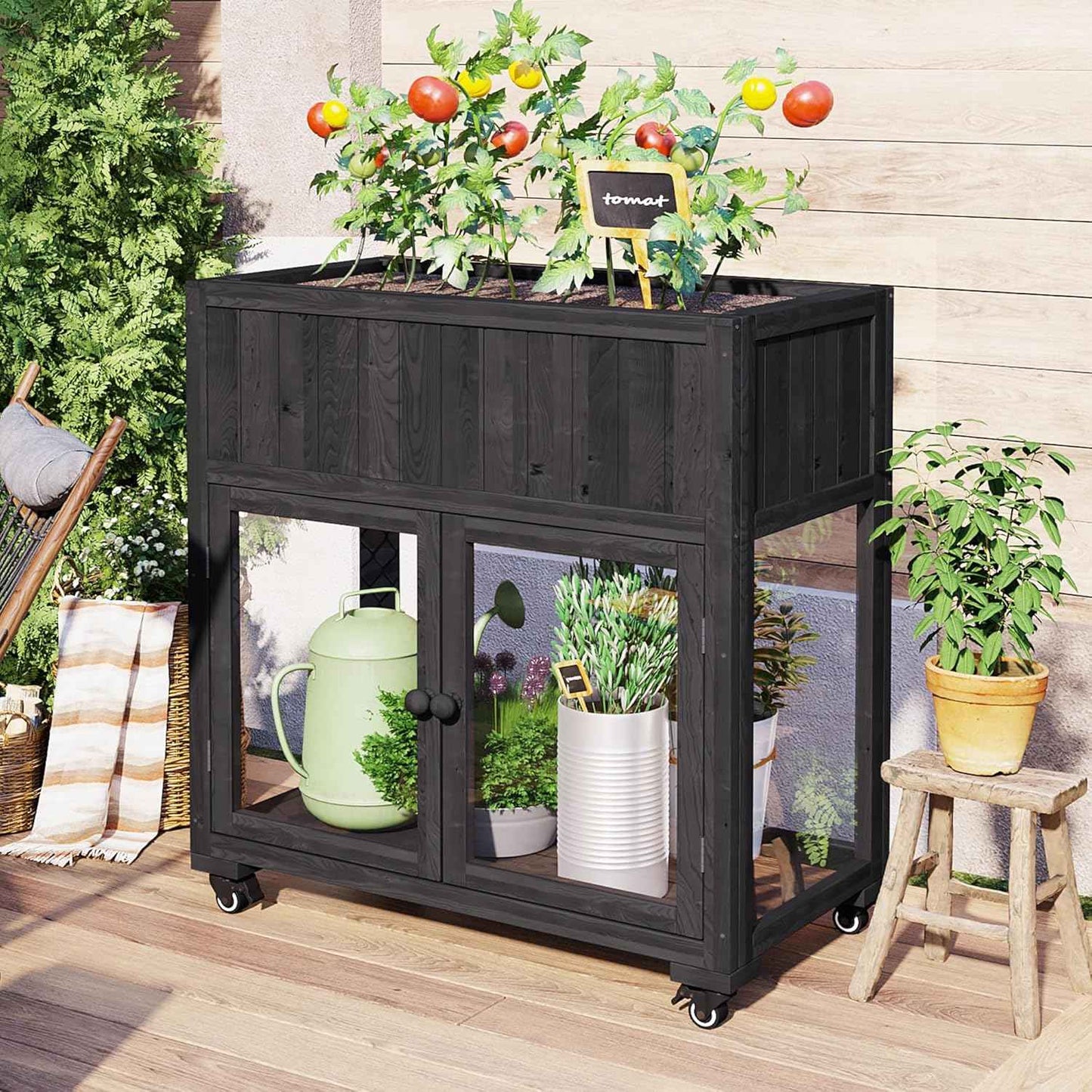 Patio Mini Wood Cold Frame,Compact Garden Greenhouse with Removable Wheels & Fir Wood Polycarbonate Doors,Liner & Drainage Holes,for Indoor Outdoor Use (Black#e)