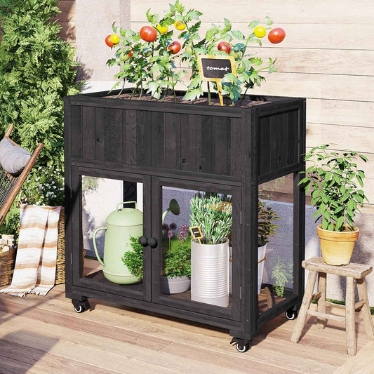 Patio Mini Wood Cold Frame,Compact Garden Greenhouse with Removable Wheels & Fir Wood Polycarbonate Doors,Liner & Drainage Holes,for Indoor Outdoor Use (Black#e)