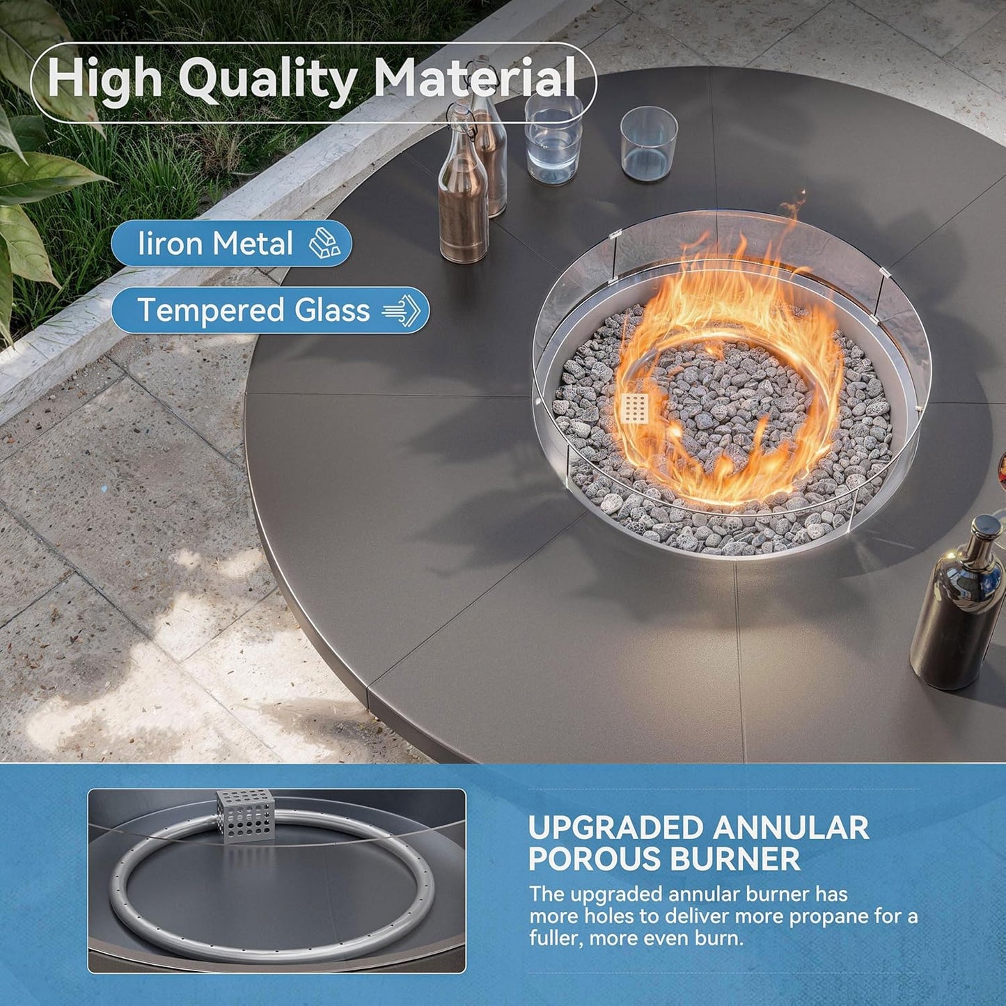 5 Piece Metal Outdoor Patio Furniture Set with 48"/55000 BTU Round Fire Pit Table,Outdoor Dining Table Set 4 Swivel Chairs No-Slip Cushions and Waterproof Covers,Grey