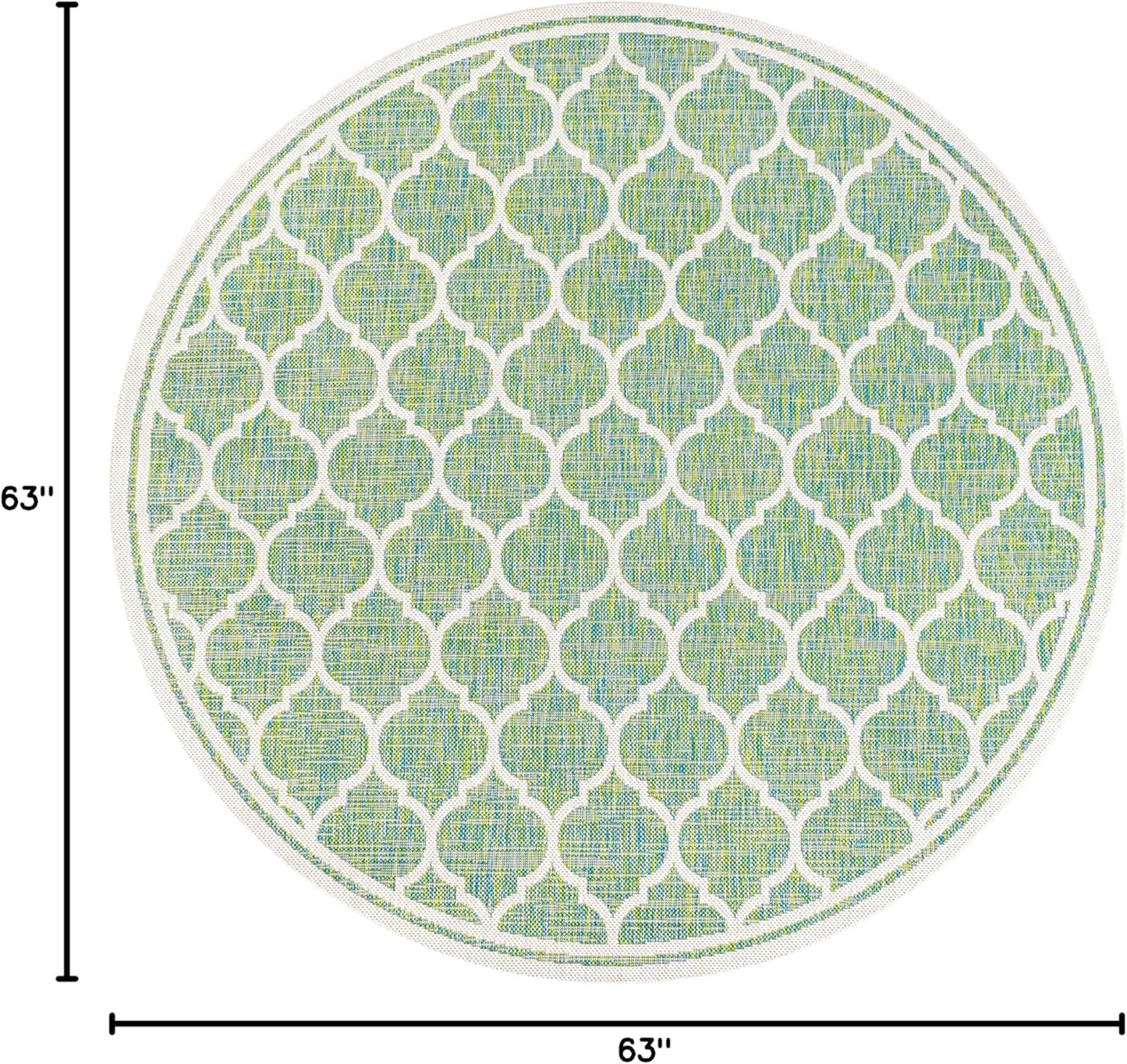 Eyely BMS109I-5R Santa Monica Trebol Moroccan Trellis Textured Weave Indoor/Outdoor Area Rug Coastal;Bohemian, Bedroom, Backyard, Patio, Easy-Cleaning, Non-Shedding, 5' Round, Cream/Green