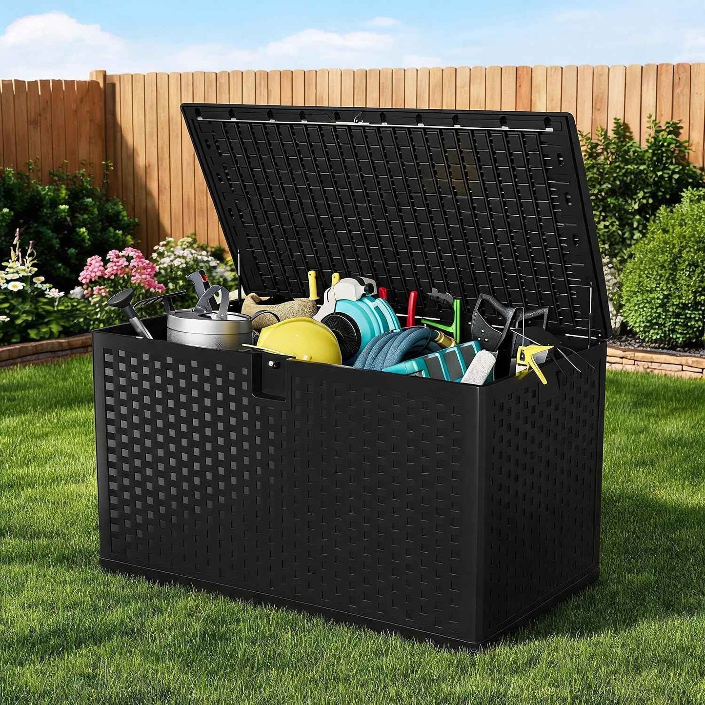 120 Gallon Outdoor Deck Box, Lockable Waterproof Outdoor Resin Box with Lid, Patio Storage Bin for Patio Furniture, Garden Tools, Pool Accessories - Black