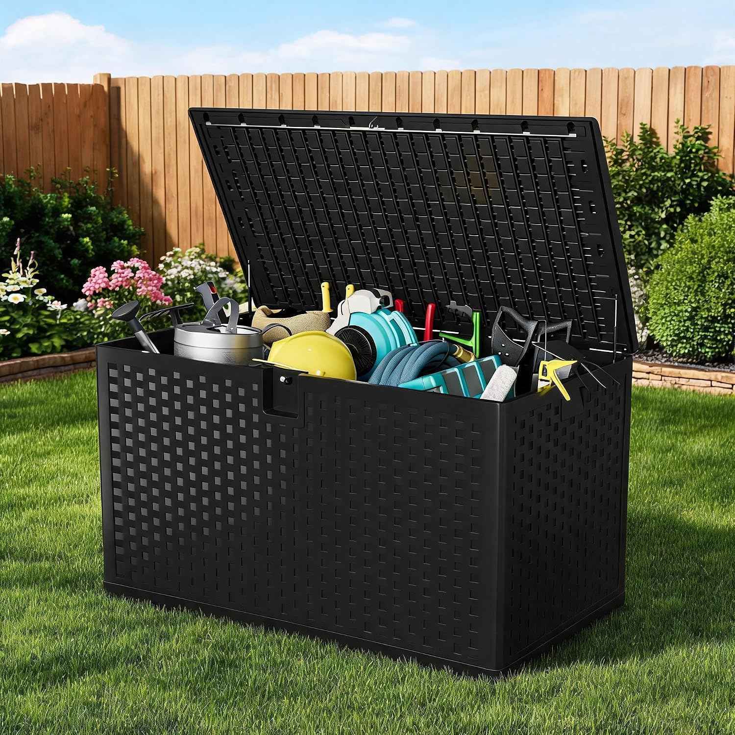 120 Gallon Outdoor Deck Box, Lockable Waterproof Outdoor Resin Box with Lid, Patio Storage Bin for Patio Furniture, Garden Tools, Pool Accessories - Black