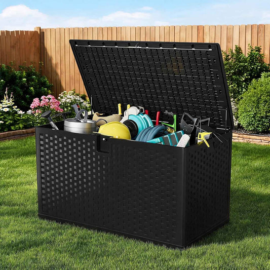 120 Gallon Outdoor Deck Box, Lockable Waterproof Outdoor Resin Box with Lid, Patio Storage Bin for Patio Furniture, Garden Tools, Pool Accessories - Black