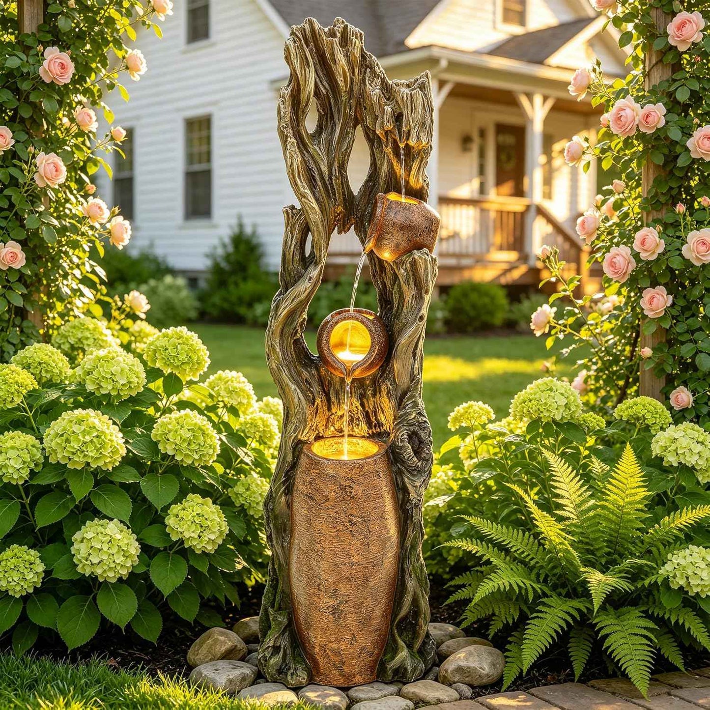 AUTODAYA Tall Outdoor Water Fountain with LED Lights, 42.7" 3-Tier Rainforest Waterfall Tree Trunk and Jar Garden Fountain, Ideal for Serene Relaxing Patio, Yard or Porch