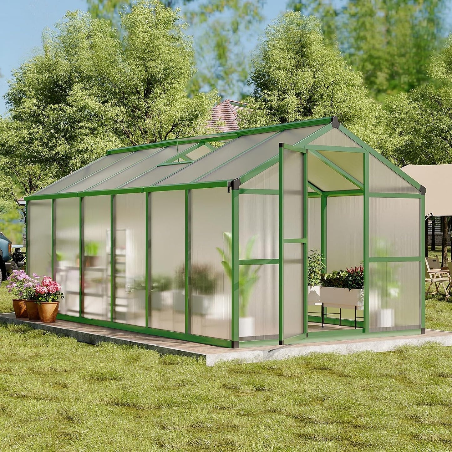 8x10 FT Greenhouse, Greenhouses for Outside, Polycarbonate Greenhouse with Aluminum Frame, Lockable Door and Ajustable Roof Vent for Backyard, Green Houses for Outside Garden Backyard, Patio