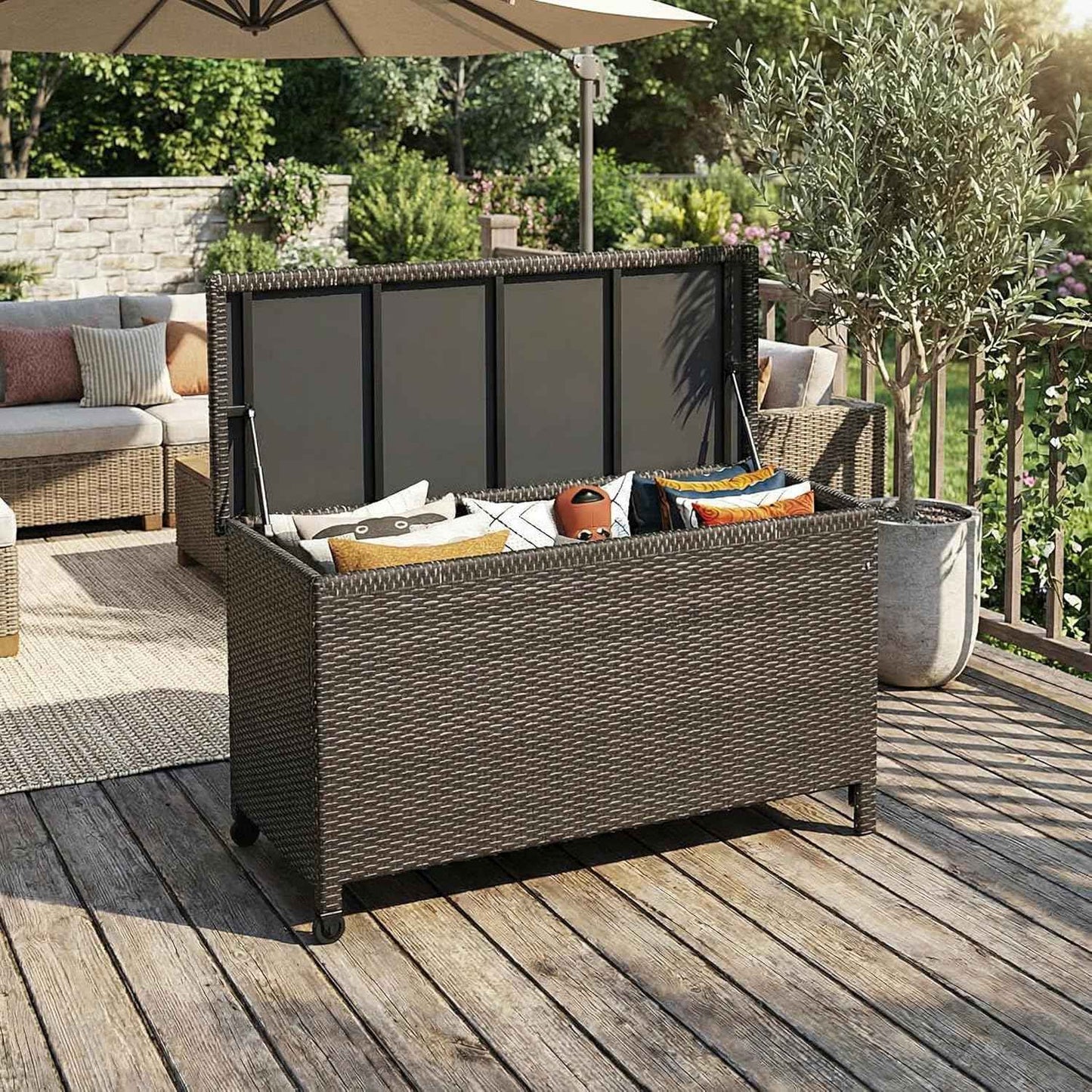 Wicker Deck Box, 185 Gallon All-Weather Outdoor Storage Box, Rattan Storage Bin for Patio Furniture, Outdoor Cushions, Pool Storage and Garden Tools, Brown