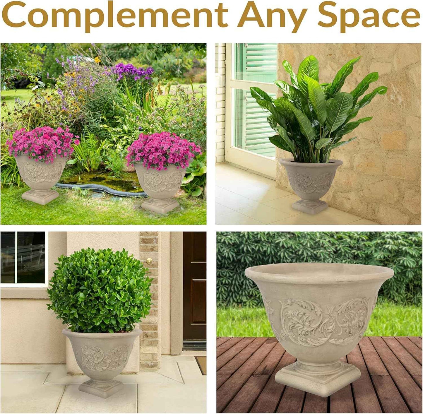 Sunnydaze 16-Inch Darcy Outdoor Pedestal Planter - Polyresin Large Round Plant Pot with Drillable Drainage Hole - Plastic Urn Planter for Outdoor Plants - Beige