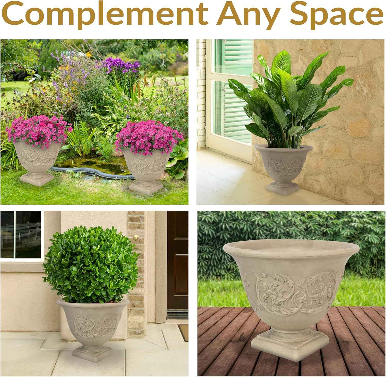 Sunnydaze 16-Inch Darcy Outdoor Pedestal Planter - Polyresin Large Round Plant Pot with Drillable Drainage Hole - Plastic Urn Planter for Outdoor Plants - Beige