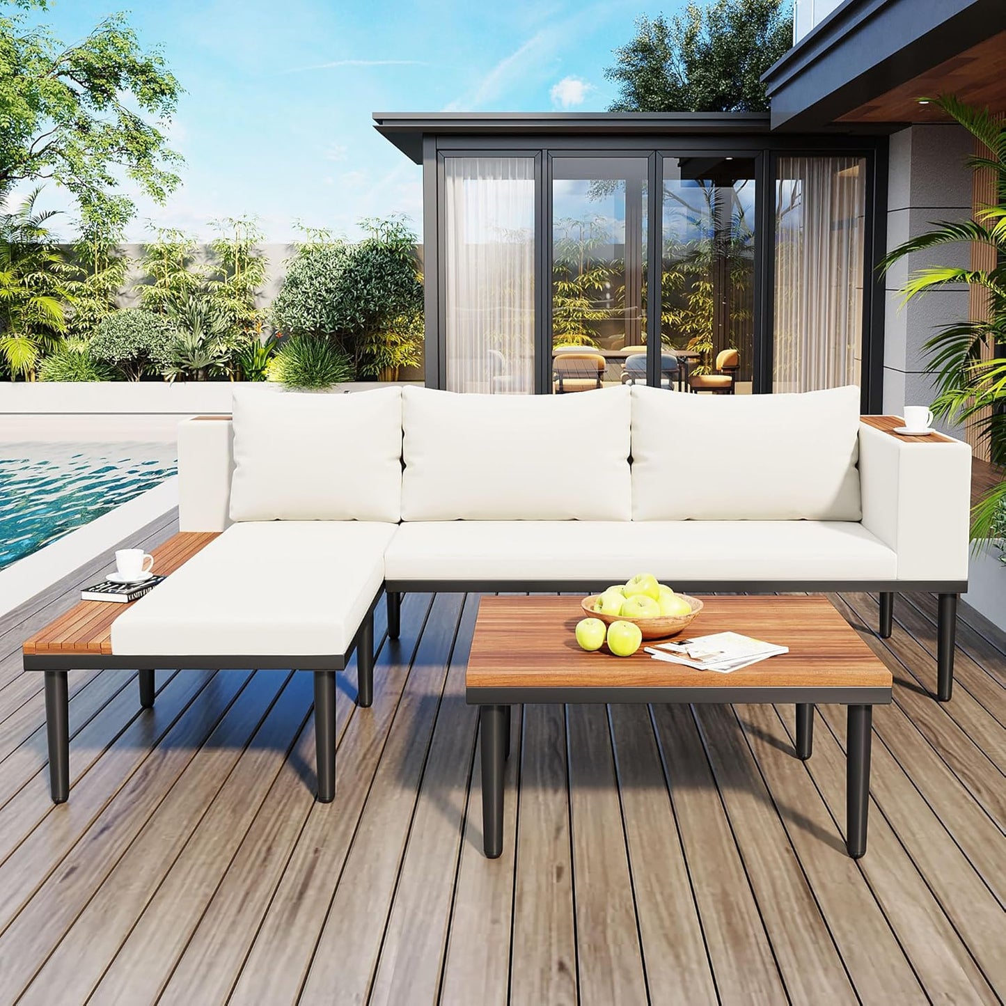 Acacia Wood Patio Furniture Set, Luxury Outdoor Conversation Sectional Sofa with Removable Cushions and Coffee Table, Side Table, L-Shaped Sofa Set for Backyard, Porch (Beige/17)