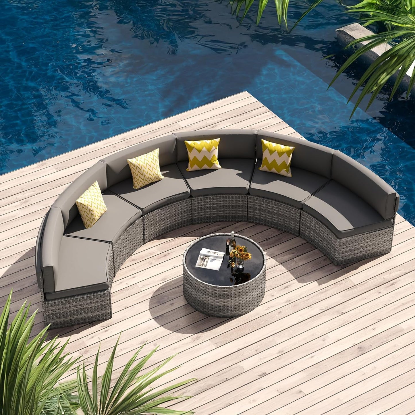 Patio Sectional Furniture, Outdoor 7-Piece Rattan Curved Sofa Set, Curved Patio Furniture with Coffee Table, Fit for Pool Backyard Balcony Porch Lawn (Grey)