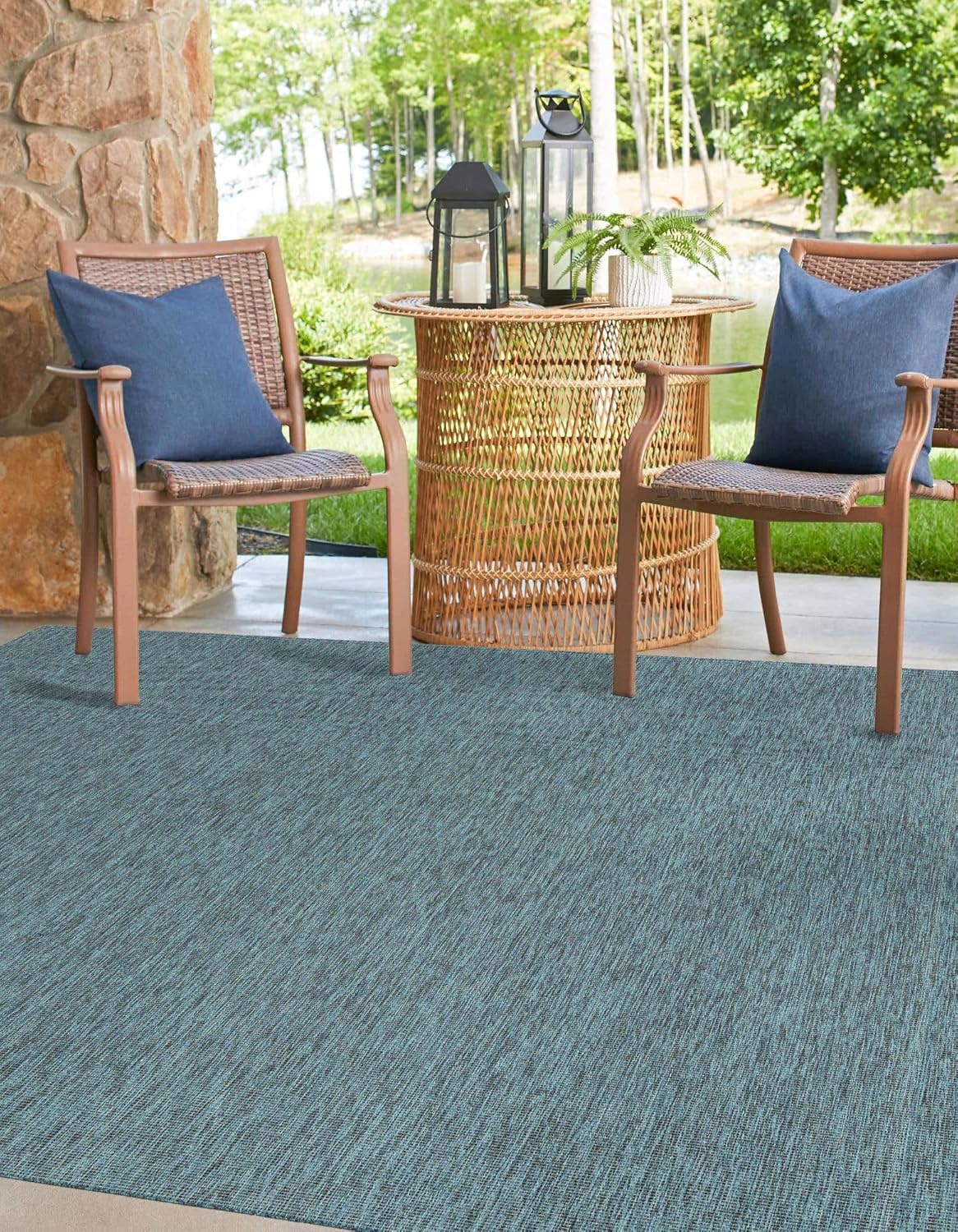 Unique Loom Collection Casual Transitional Solid Heathered Indoor/Outdoor Flatweave Area Rug (13' Square, Teal/Navy Blue)
