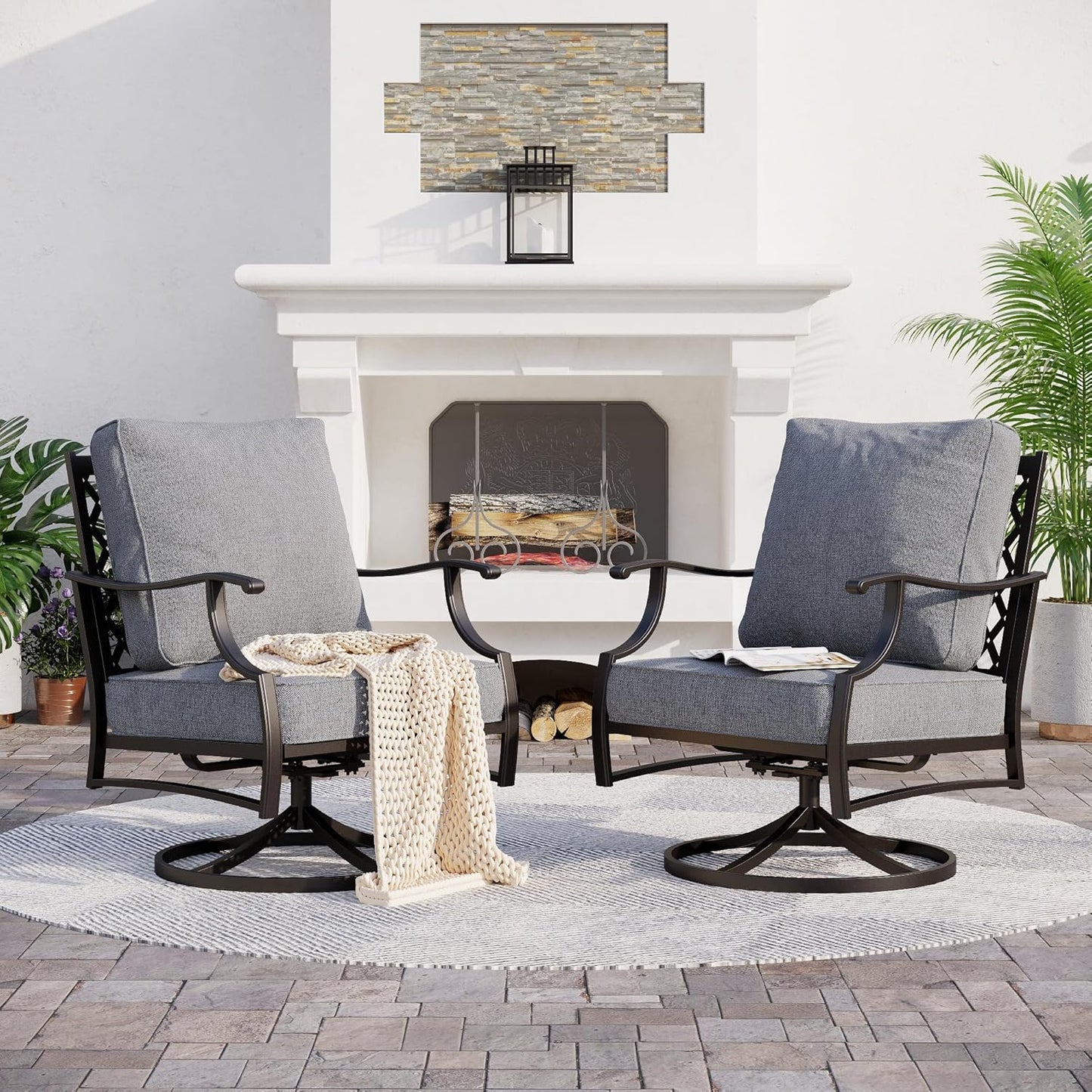 Metal Outdoor Swivel Patio Chairs Set of 2 with 5.75" Extra Thick Cushion, 2 Piece High Back Swivel Rocker Patio Chairs Outdoor Furniture Seating for Deck Balcony Front Porch, Gray