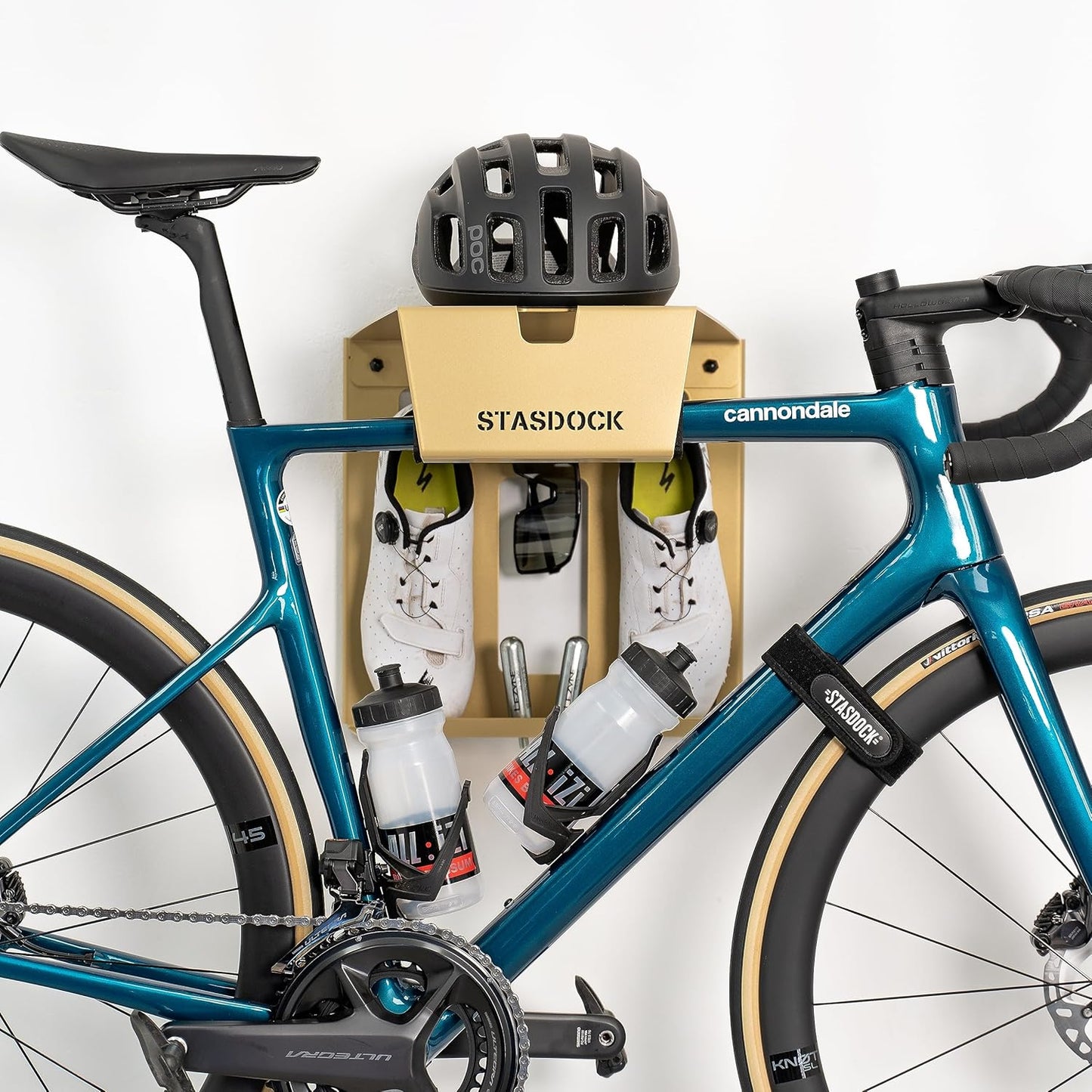 Wall Bike Rack | Bike Storage Wall Mount System | For Race Bicycles (New Gold) and Mountain Bikes | Bike Shelf | Indoor bike wall bracket | Store your helmet and shoes | Home and Garage