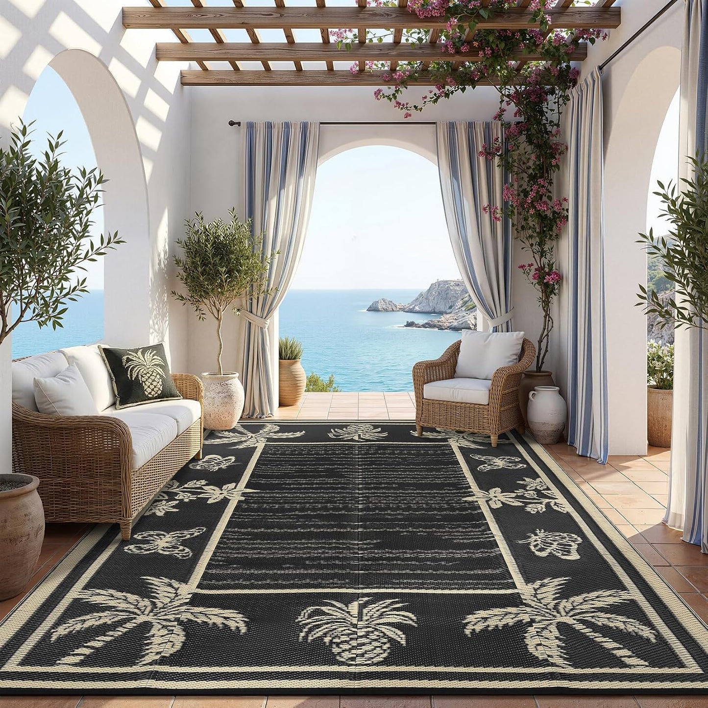 Garvee Outdoor Rug 9x12 Waterproof for Patios, Reversible Plastic Straw Rug, Tropical Leaf Indoor Outdoor Rugs, Large Area Rug for RV, Camping, Deck, Picnic Mat, Outside Carpet