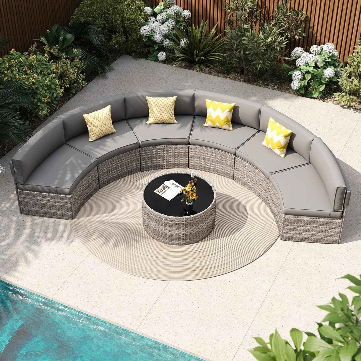 Patio Sectional Furniture, Outdoor 7-Piece Rattan Curved Sofa Set, Curved Patio Furniture with Coffee Table, Fit for Pool Backyard Balcony Porch Lawn (Grey)