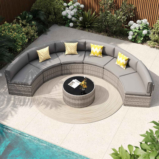 Patio Sectional Furniture, Outdoor 7-Piece Rattan Curved Sofa Set, Curved Patio Furniture with Coffee Table, Fit for Pool Backyard Balcony Porch Lawn (Grey)