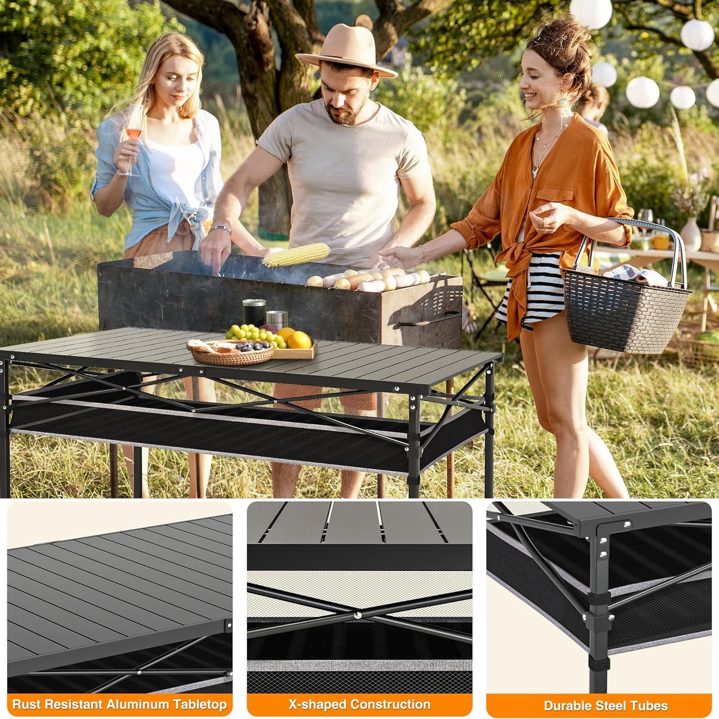 Folding Camping Table, Aluminum Roll-up Table with Storage Net and Carrying Bag, Outdoor Lightweight Camp Table for Picnic, Camping, Beach,Backyard, BBQ, Party, Patio