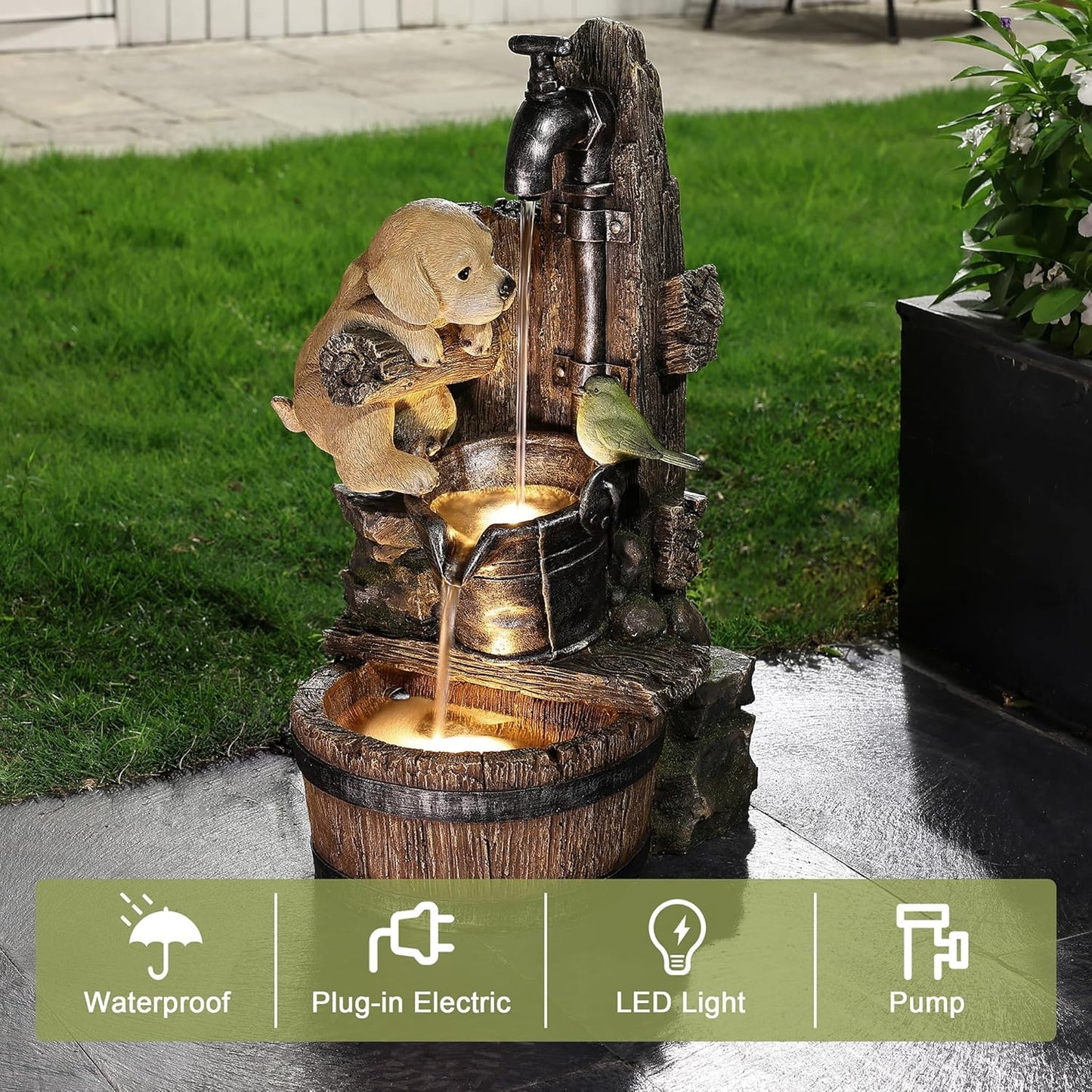 LuxenHome Water Fountain Outdoor, 25" Whimsical Puppy Dog Resin Outdoor Water Fountain with LED Lights, Decorative Garden Waterfall Fountains Indoor and Outdoor for Patio, Garden Decor