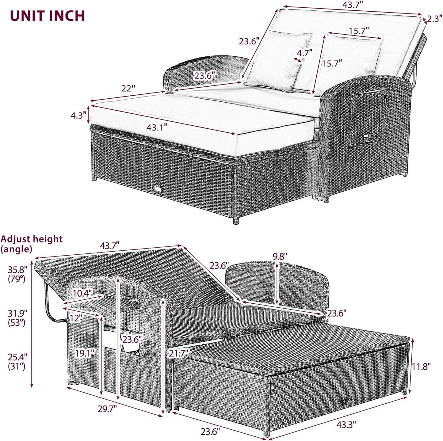43.7” Patio Rattan Daybed Set, PE Wicker Rattan Double Chaise Lounge, 3-Level Adjustable Back and Cushions, Free Furniture Protection Cover, White