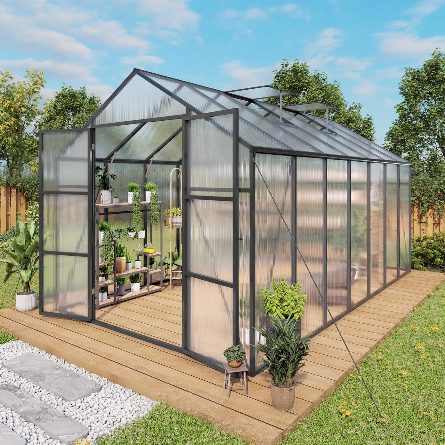 Greenhouse for Outdoors 8x14x7.8 FT, Polycarbonate Greenhouse with Stronger Wind Protection and Roof Vent, Walk-in Large Aluminum Sunroom Winter Proof, Black