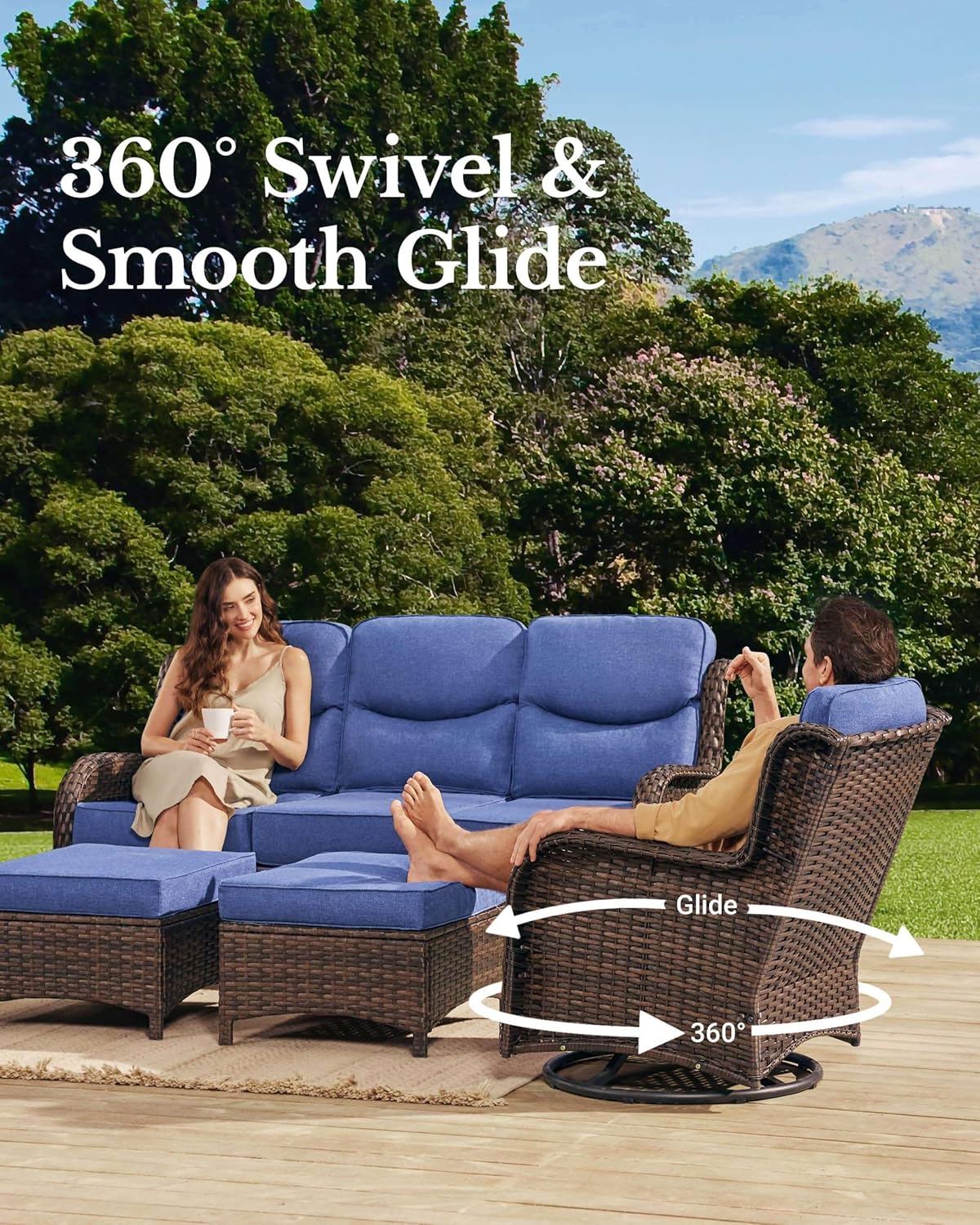 HILLGA Luxury Patio Furniture Set with 6-Inch Thick Cushions, High Back Outdoor Swivel Rocker Chairs and Patio Couch, 7-Piece All Weather Conversation Set for Porch Deck Pool Yard, Blue (V3)