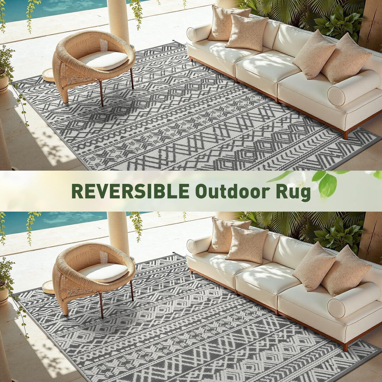MontVoo-Outdoor Rug Waterproof 6x9 ft Outdoor Carpet Patio Rug Mat Reversible RV Camping Rug-Plastic Straw Rug Outside Outdoor Area Rug for Patio Deck Balcony Backyard Picnic Beach -Boho Grey