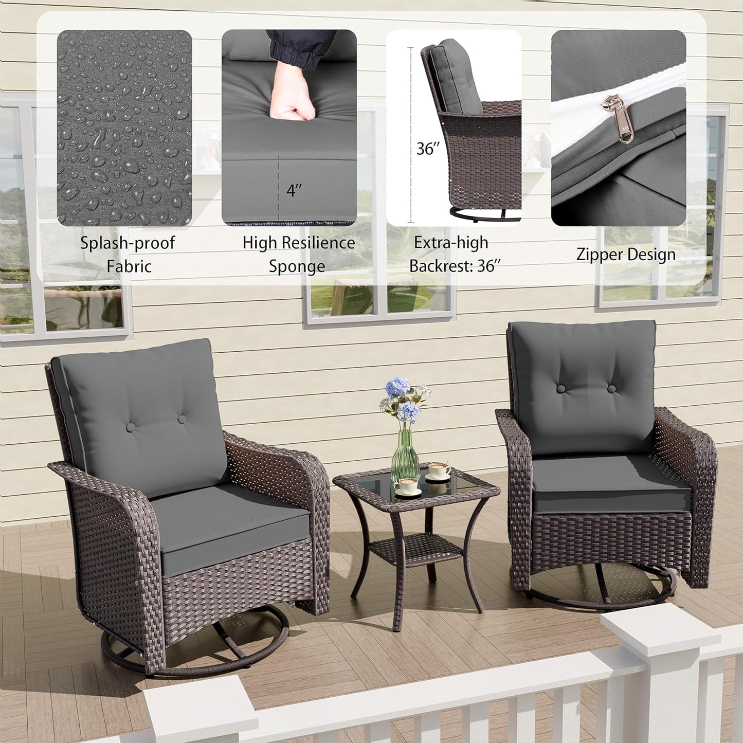 ALAULM 7-Piece Patio Furniture Set with 40,000 BTU Round Fire Pit Table, Outdoor Swivel Rocking Chairs Set, Wicker Patio Chairs with Side Table for Poolside, Deck, Backyard, and Garden—Grey