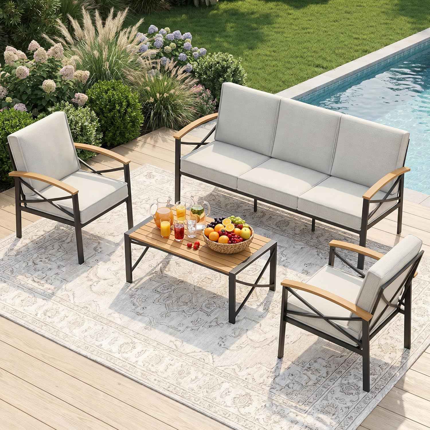 4-Piece Outdoor Patio Furniture Set for All-Weather, Heavy-Duty Metal Outside Furniture with Washable Thick Cushions, Patio Sectional with Coffee Table for Patio, Deck, Backyard, Garden, Beige