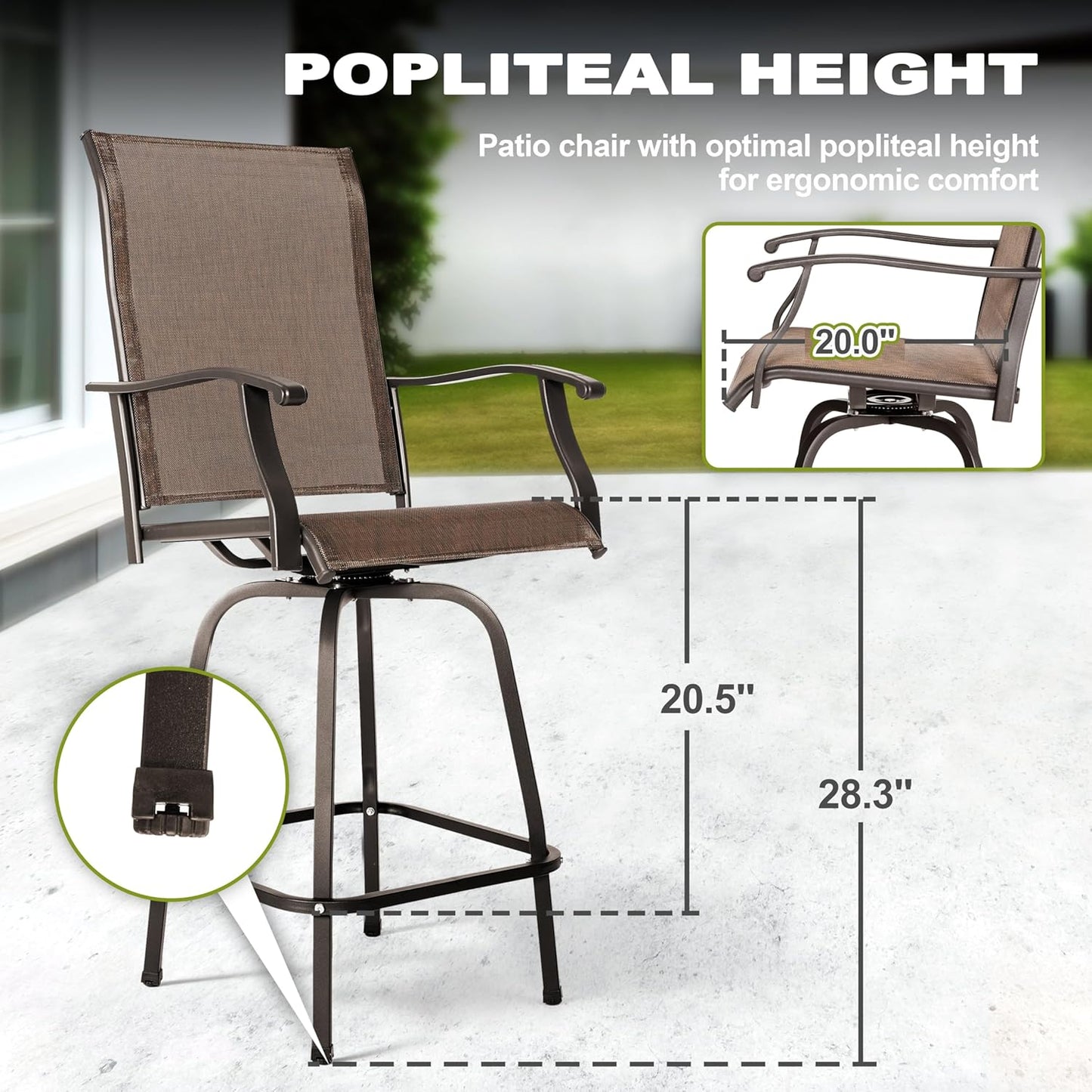 NUU GARDEN 5 Piece Patio Bar Set with Square Silk Screen Bar Height Glass Table and 4 Counter Textilene Height Swivel Chairs for Patio, Yard, Outdoor, Black&Brown