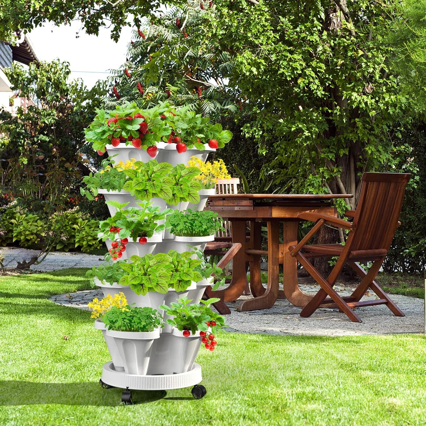 2 Pack 6 & 3 Tiered Strawberry Vertical Planter Tower Garden, Stackable Herb Garden Planter with Movable Casters and Bottom Saucer Indoor and Outdoor