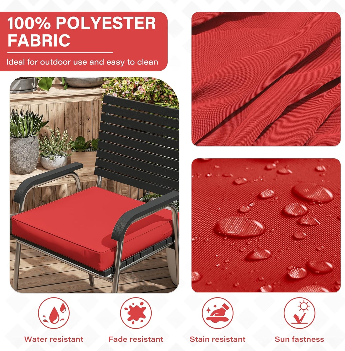 Patio Chair Cushions 17 X 16 X 3 Inch Waterproof Outdoor Seat Cushions for Patio Furniture, Outdoor Sofa Couch Pads with Ties & Handle, Set of 2, Red