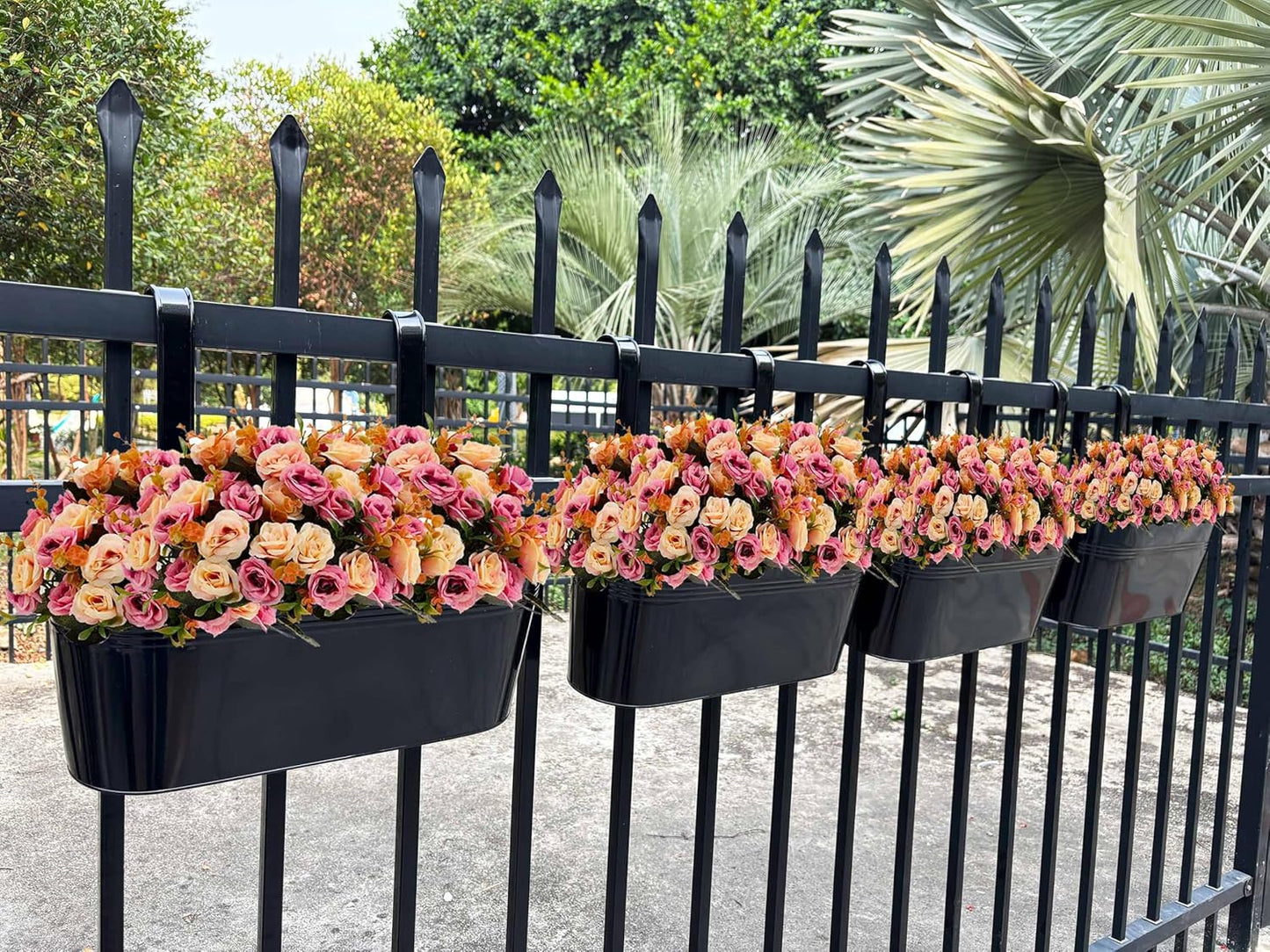 Hanging Planters for Outdoor Plants, 17" Railing Planter Pots, Metal Fence Flower Pot for Porch Balcony with Detachable Hookt (Black, Pack of 8)
