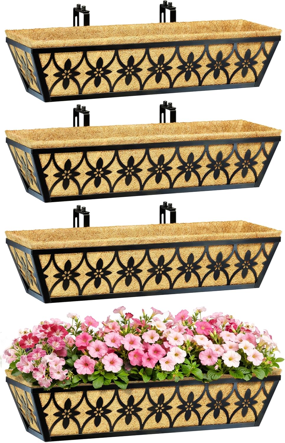 24 Inch Window Boxes Planters Railing Planter Box - 2 Pack Deck Railing Planter Boxes with Adjustable Brackets Coco Liners Balcony Planters Railing Hanging for Window Flower Boxes Outdoor Garden Decor