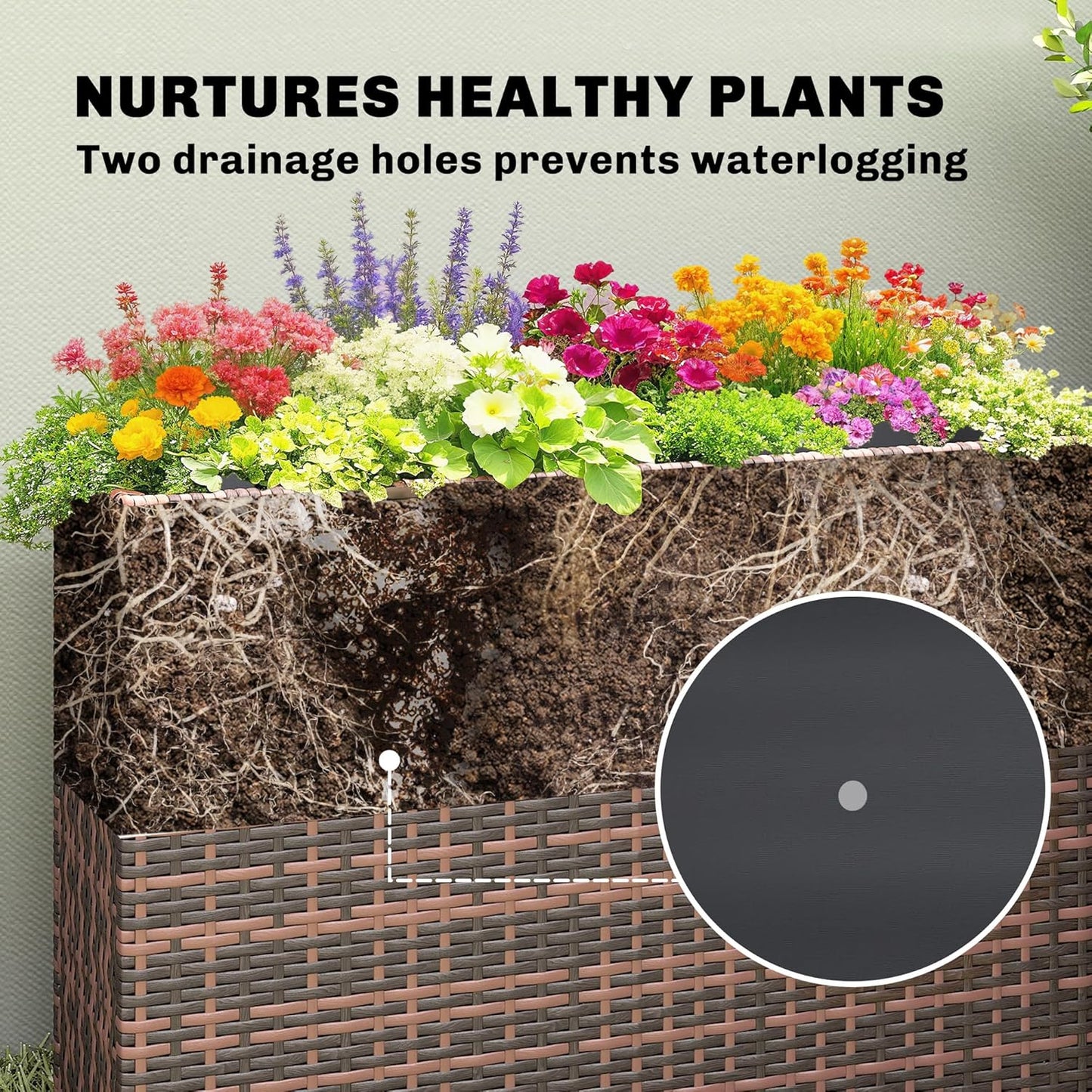 Outsunny Tall Rectangular Planter with Removable Liner, PE Wicker Large Planters for Outdoor Plants, Freestanding Indoor Outdoor Planter Box with Drainage Holes for Flowers, Vegetables, Brown
