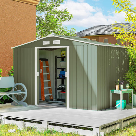 Outsunny 9' x 6' Outdoor Storage Shed, Garden Tool Metal Shed with Foundation Kit, Double Lockable Door, Air Vents and Sloping Roof, for Backyard, Patio, Lawn, Green