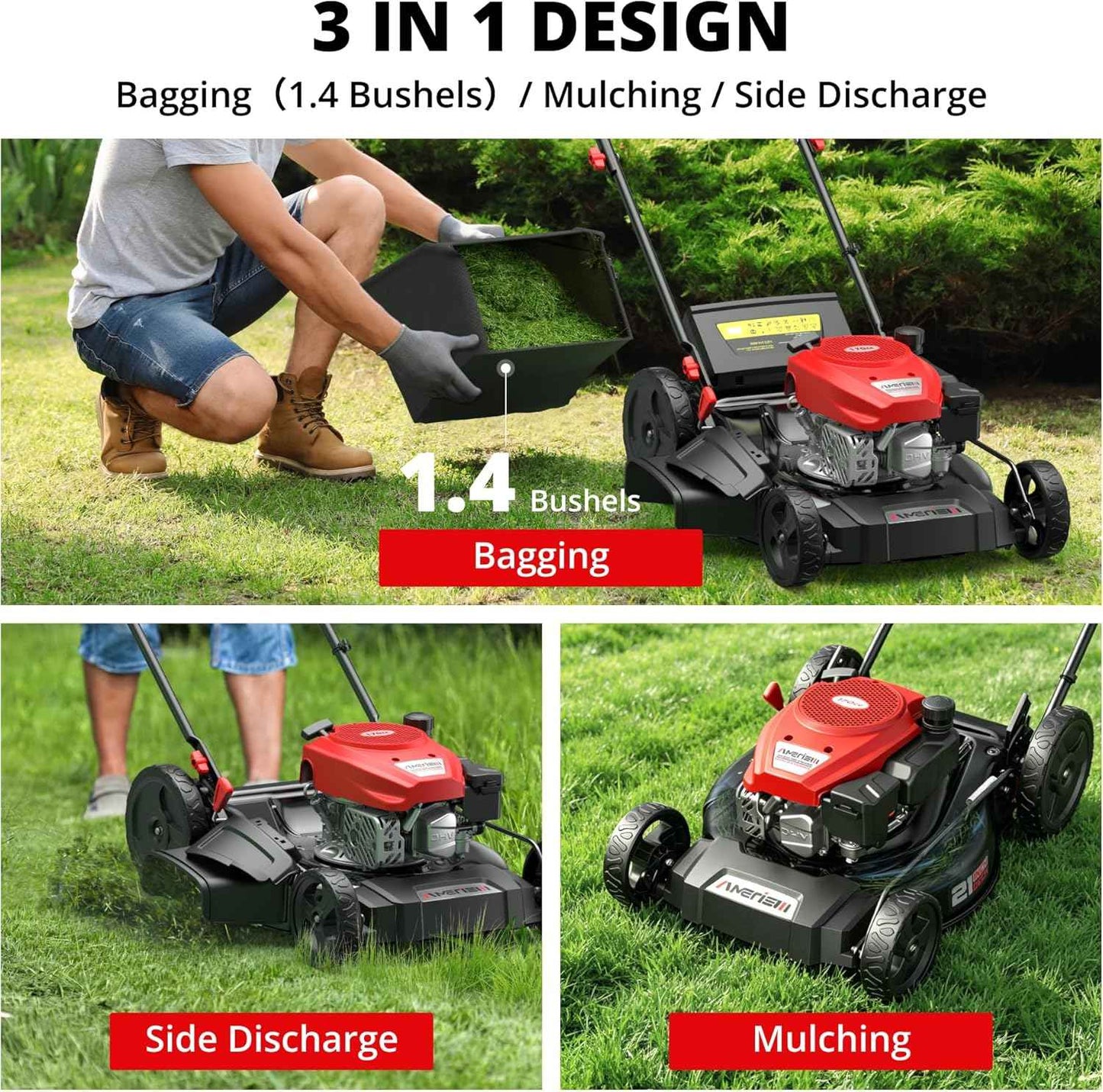 Amerisun 21" Self-Propelled Gas Lawn Mower, 170cc OHV Engine with Forced Air-Cooling, 3-in-1 System, Steel Deck, 6-Position Height Adjustment, Foldable Handle