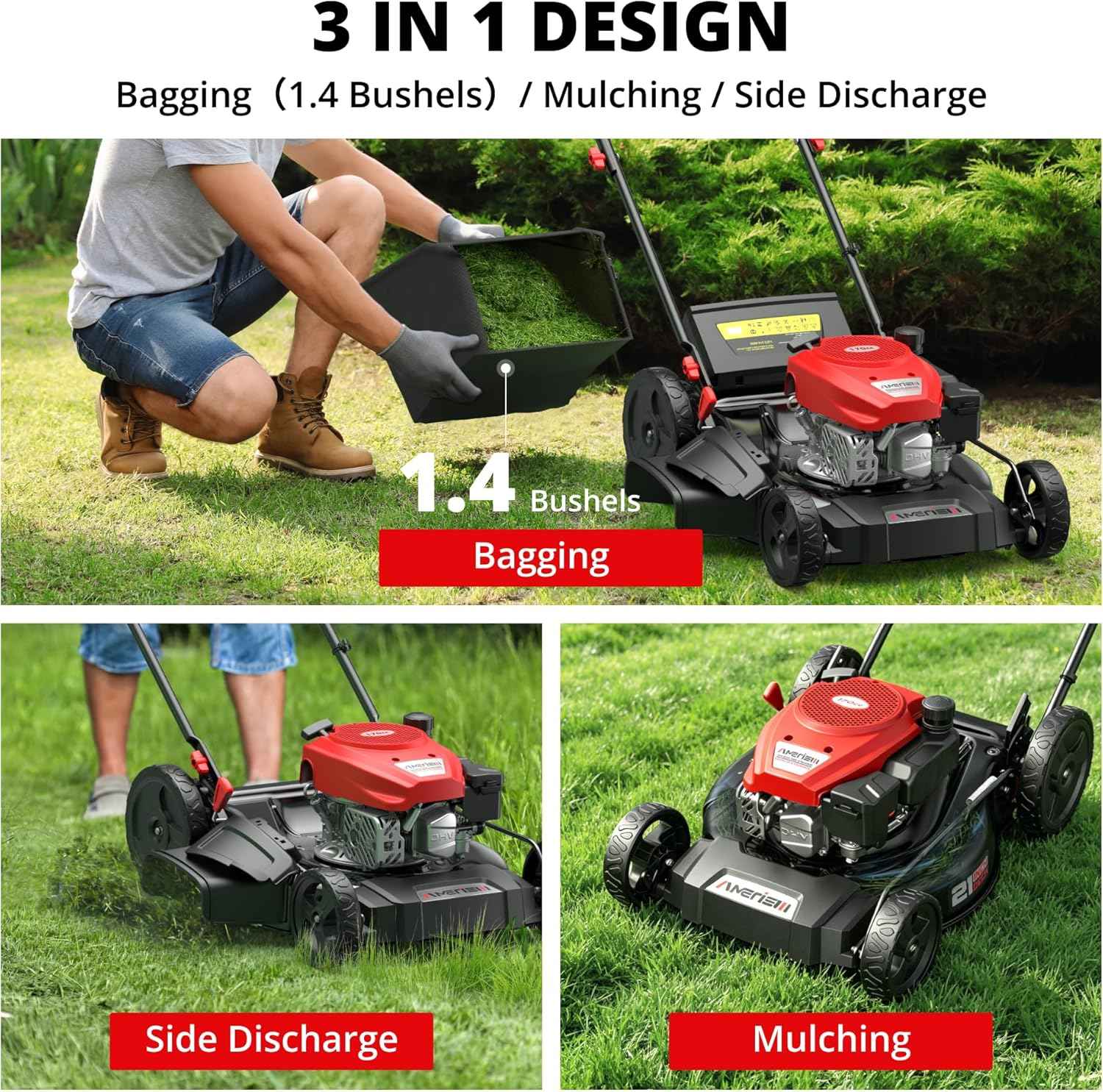 Amerisun 21" Self-Propelled Gas Lawn Mower, 170cc OHV Engine with Forced Air-Cooling, 3-in-1 System, Steel Deck, 6-Position Height Adjustment, Foldable Handle