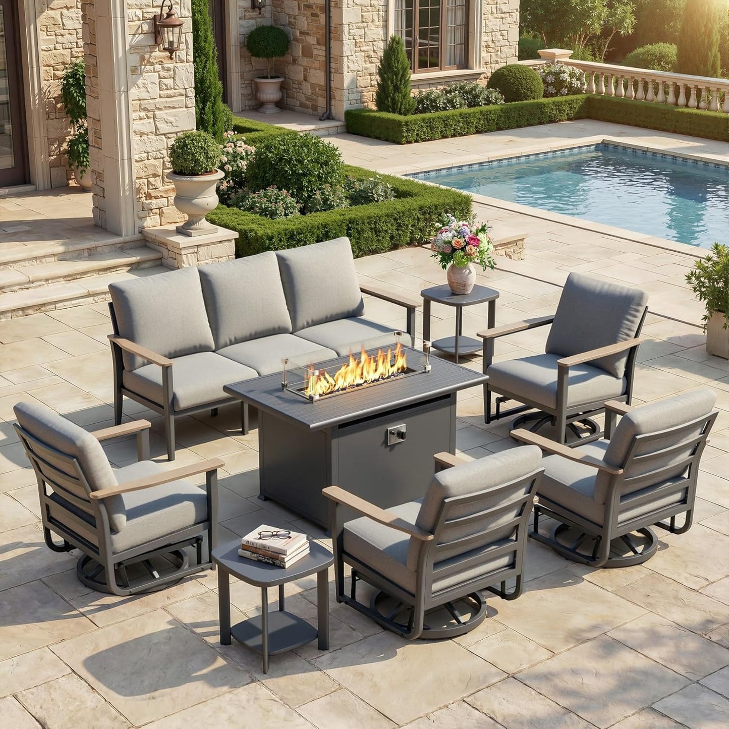 Aluminum Outdoor Patio Furniture Set, 8-Piece Sectional Sofa with 5.1" Thick Cushions, 4 Swivel Rocking Chairs, 55,000 BTU Propane Fire Pit Table, Outdoor Couch for Backyard, Deck, Gray