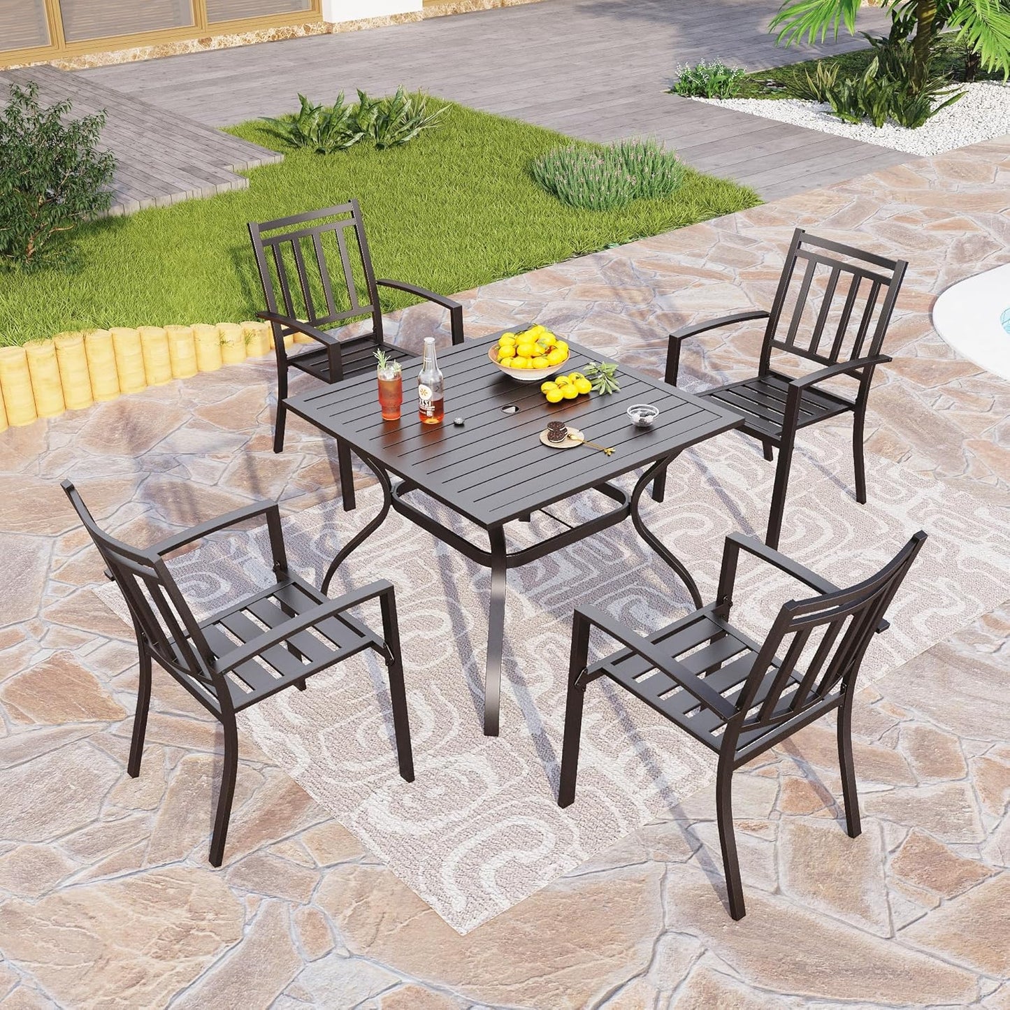 PHI VILLA 37 Inch Outdoor Dining Table Metal Steel Slat Square Patio Dining Table with 1.57" Umbrella Hole for Garden, Backyard and Porch (Classic Black)