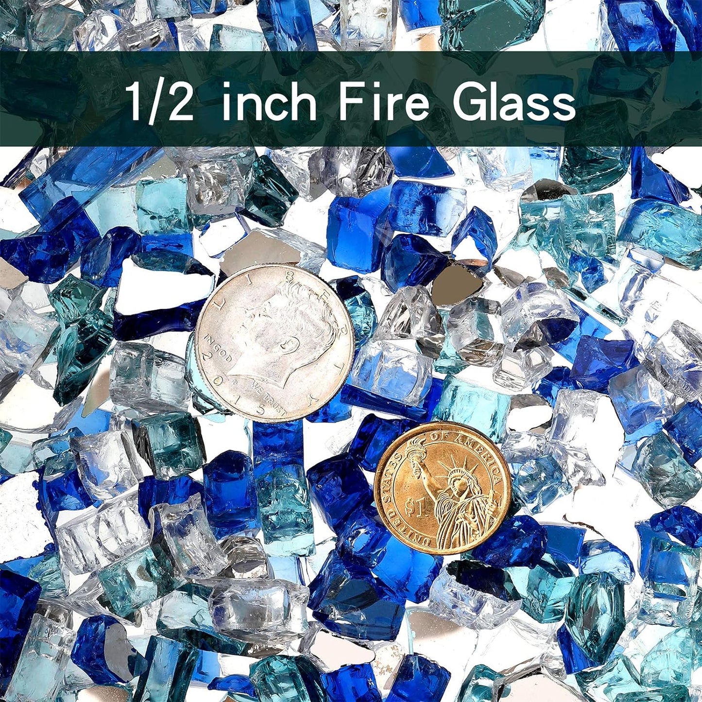 Mr. Fireglass 10 Pounds Blended Fire Glass - 1/2 Inch Mixed Colored High Luster Reflective Tempered Glass Rocks for Fireplace Fire Pit Table Fireplace and Landscaping, Aqua Blue+Cobalt Blue+Platinum