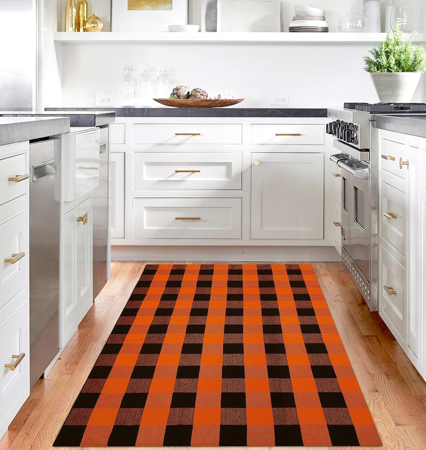 IOHOUZE Fall Buffalo Plaid Check Rug Outdoor Doormat 4x6 Ft Washable Woven Outdoor Indoor Welcome Mats for Front Door/Farmhouse/Entryway/Home Entrance Black and Orange Outdoor Rug
