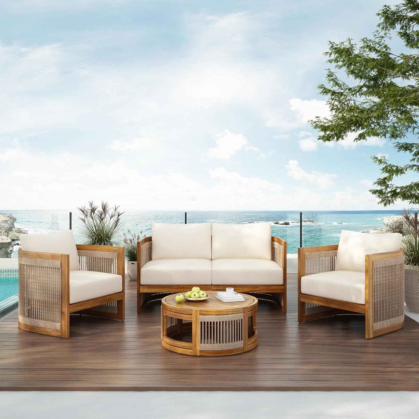 VilroCaz 4-Piece Patio Conversation Set, All Weather Sectional Sofa Set w/ 2 Chairs, Loveseat & Table Premium, Acacia Wood Outdoor Furniture Set with Woven Rope Accents and Cushions (Teak+Beige)